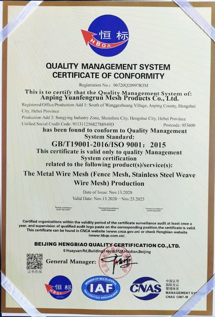 Chine Anping yuanfengrun net products Co., Ltd Certifications